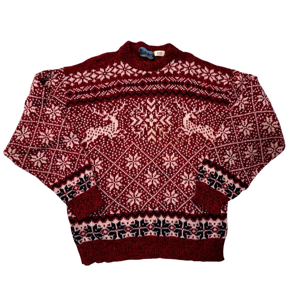 Vintage Timber Valley Wool Reindeer Fair Isle Sweater Burgundy Red Mens Large